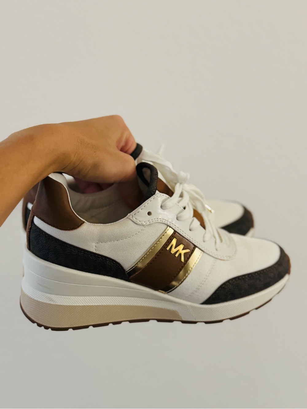 Michael Kors White Brown Gold MK Platform Sneakers